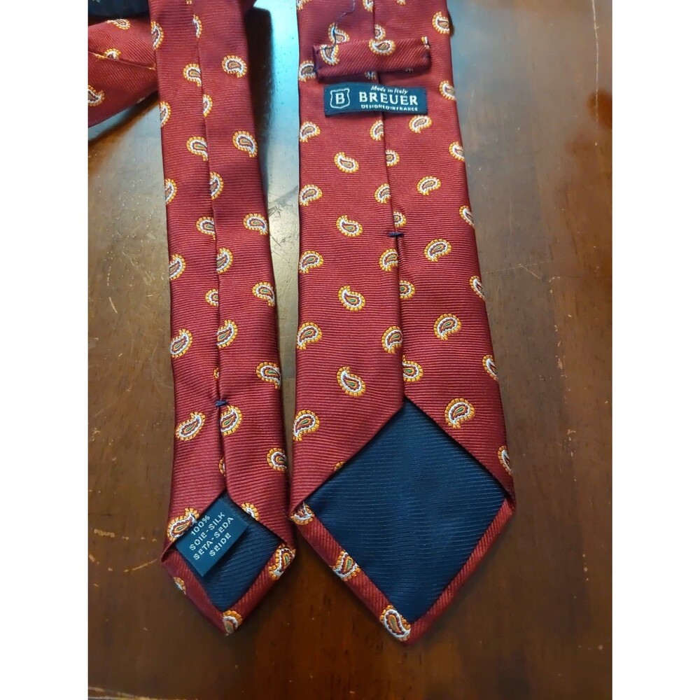 BREUER Mens Tie Red Orange Green Paisley 100% Silk France Italy Luxury Necktie